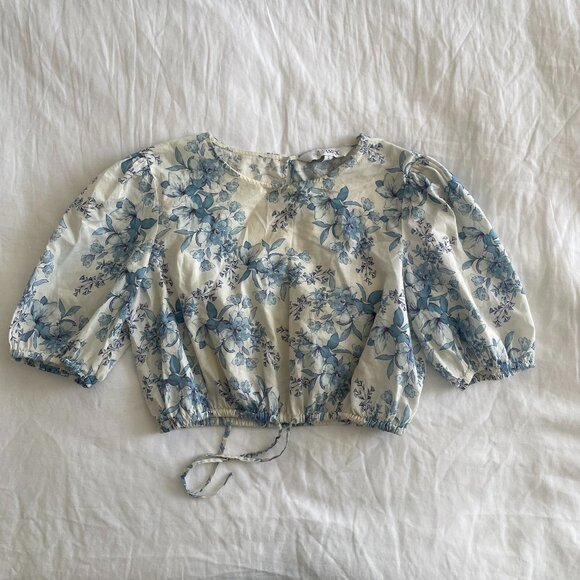 Intermix Blue Floral Puff Sleeve Crop (sz S) - Picture 1 of 7